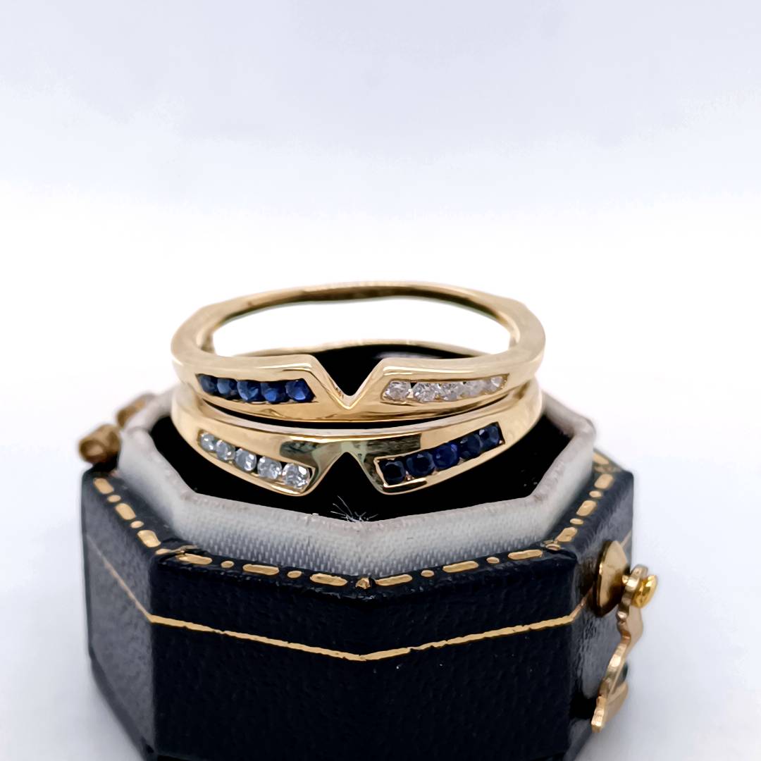 Blue Sapphire and Diamond Double Band Gold Ring