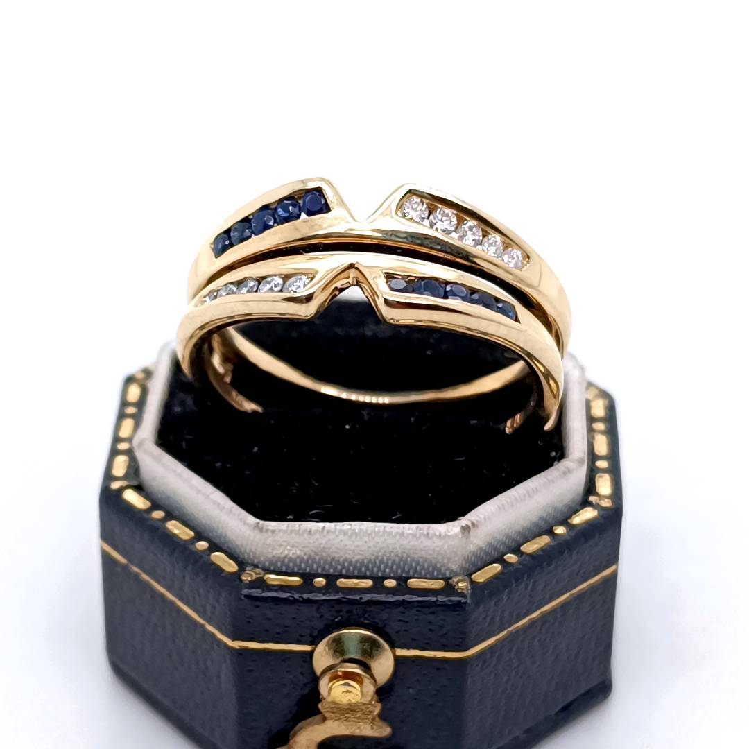 Blue Sapphire and Diamond Double Band Gold Ring