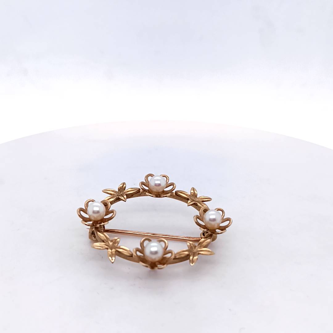 Vintage Pearl Flower Wreath, 14k Gold Brooch
