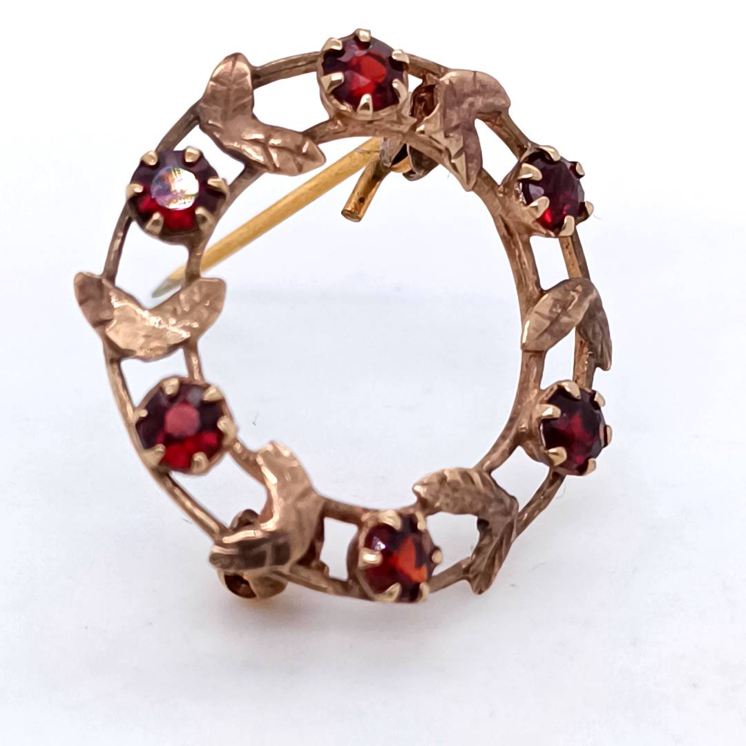 Vintage 9k Gold and Garnets Wreath Brooch