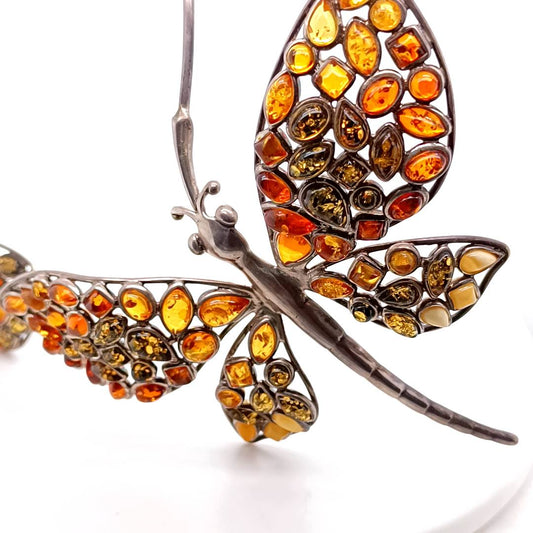 Butterfly and Leaf Silver and Amber Necklace