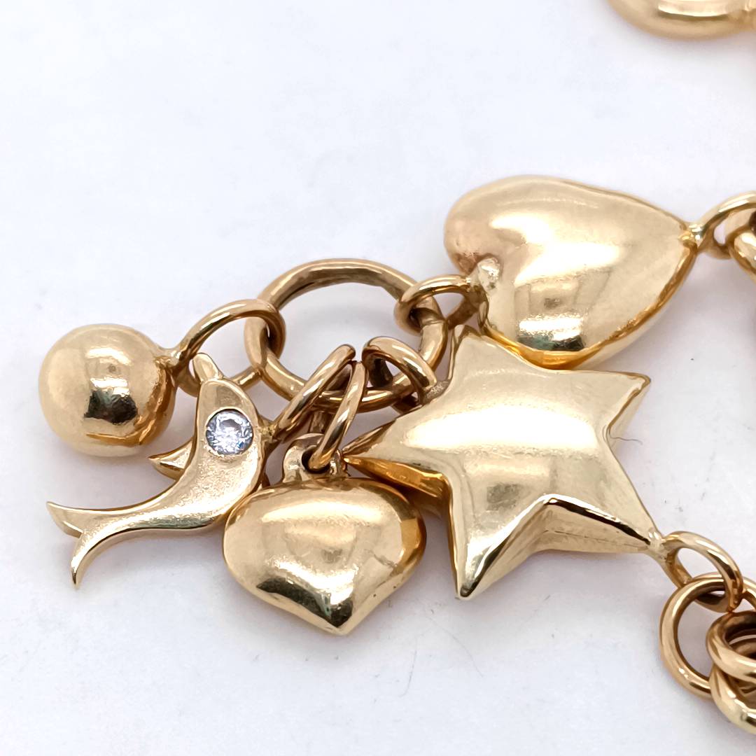 Gold Charm Bracelet with Hearts, Star & Dolphin