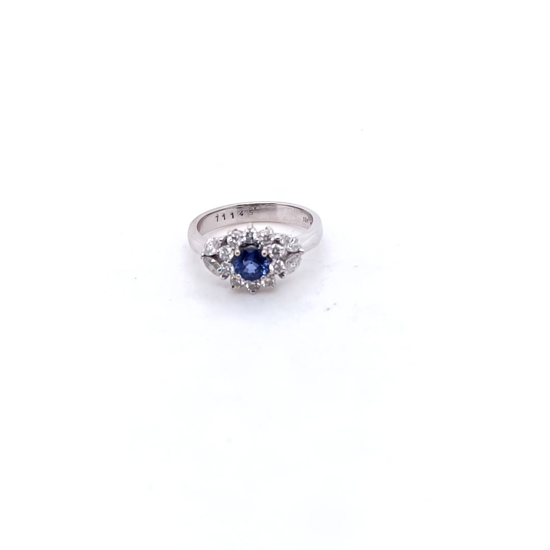 Flower of Blue Sapphire and Diamond Ring, White Gold