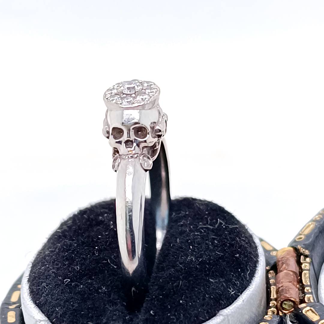 Gothic Diamond and White Gold Ring with Sculls