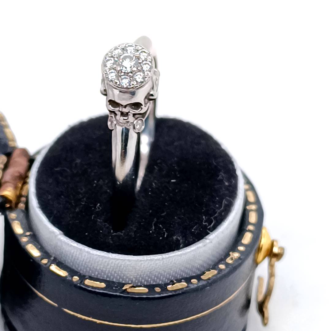 Gothic Diamond and White Gold Ring with Sculls