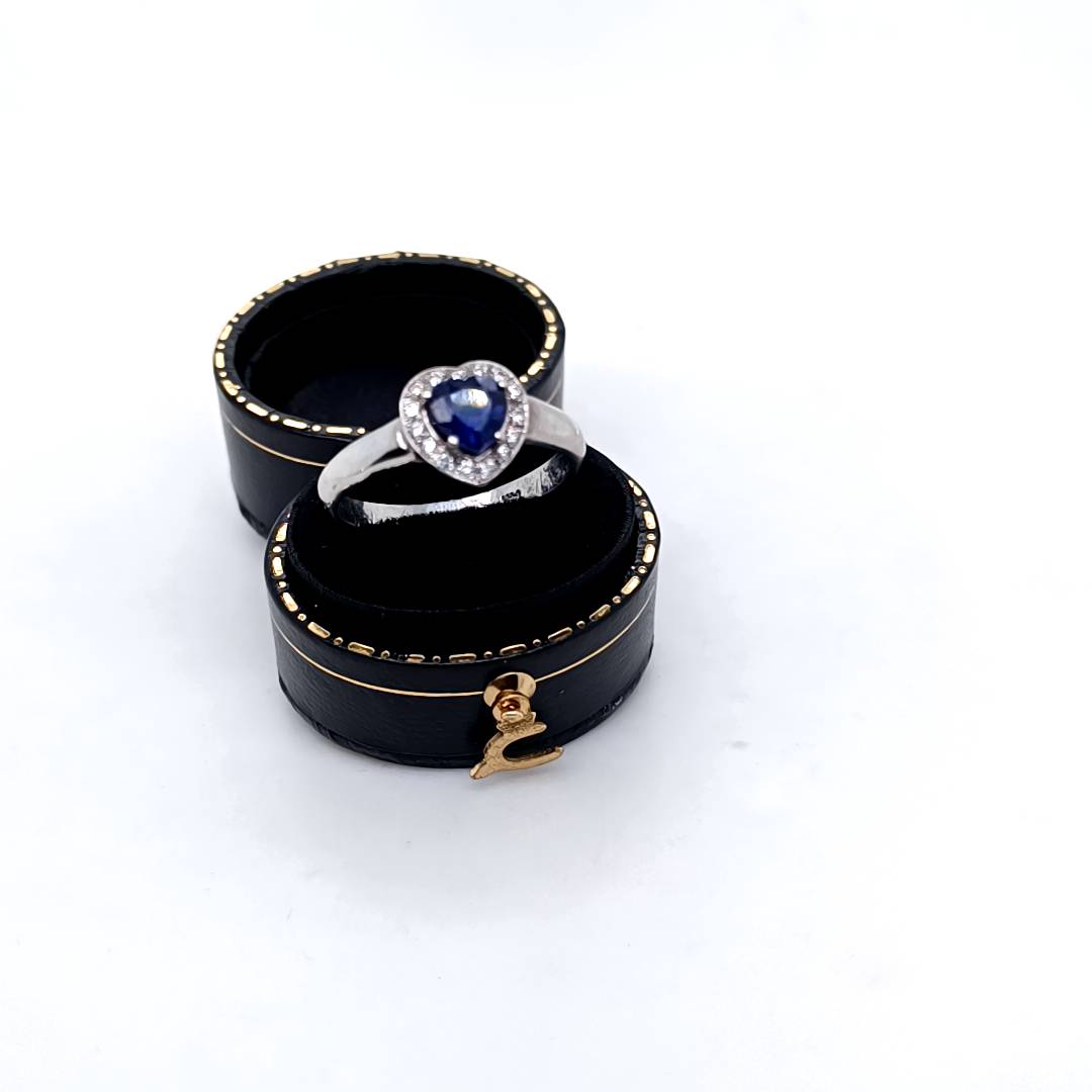 Blue Sapphire Heart & Diamonds Ring, White Gold