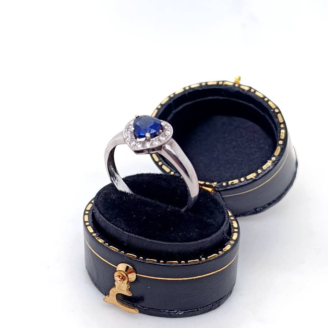 Blue Sapphire Heart & Diamonds Ring, White Gold