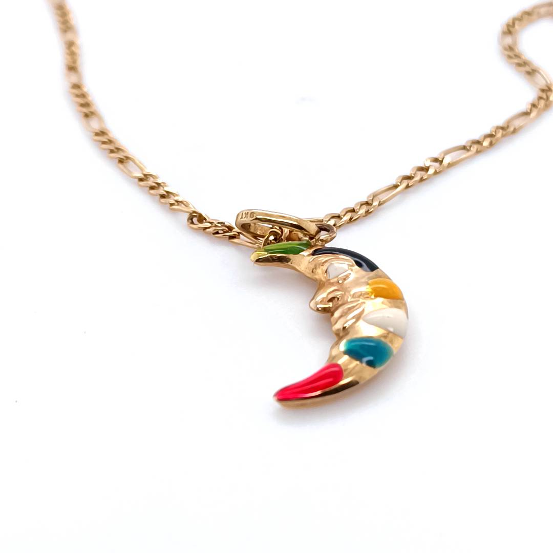 Crescent Moon Gold Necklace, 9k Gold & Color Glaze