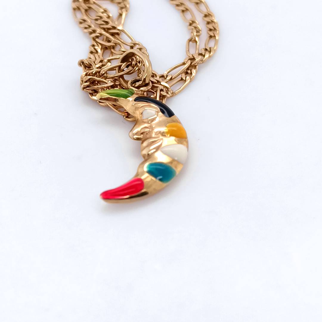 Crescent Moon Gold Necklace, 9k Gold & Color Glaze