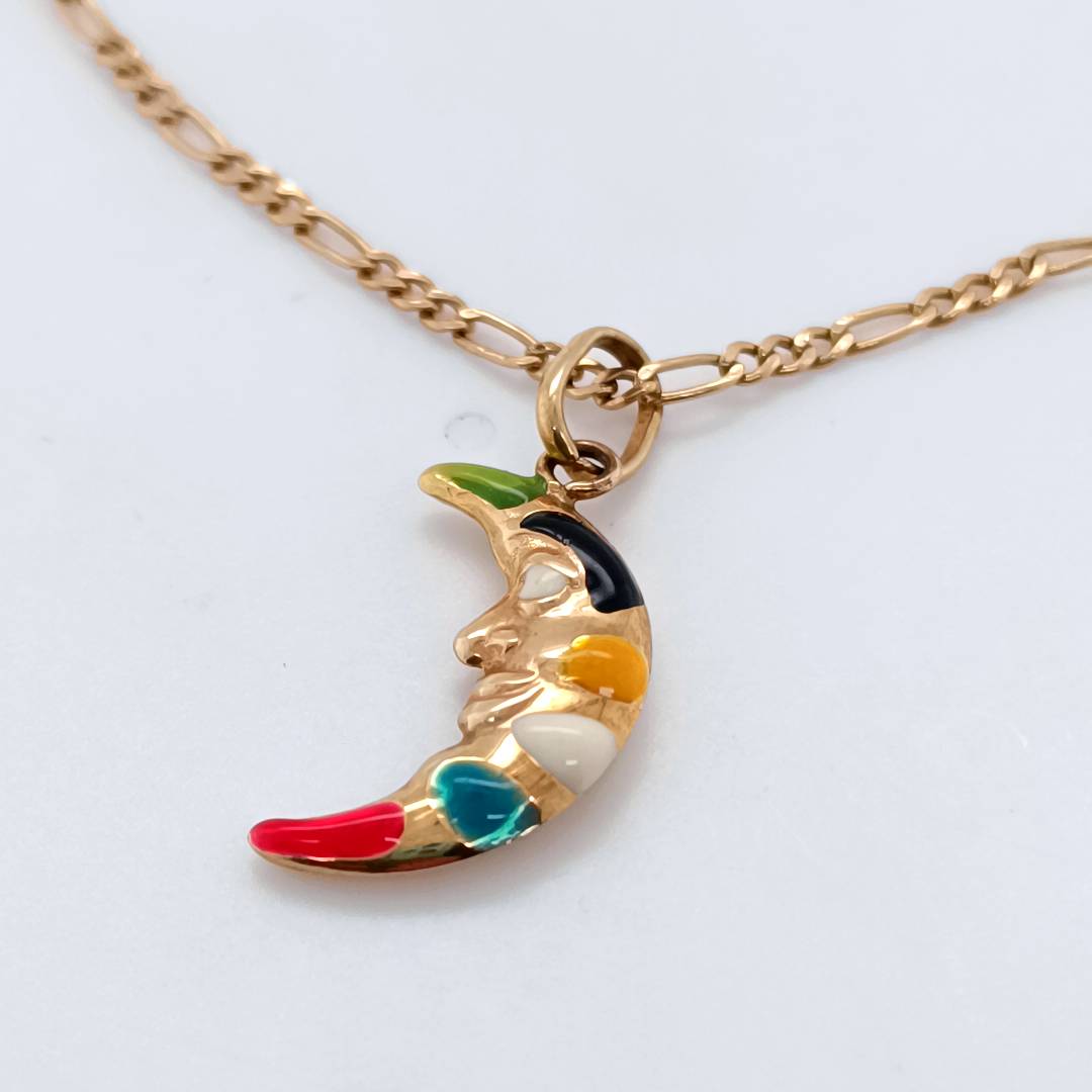 Crescent Moon Gold Necklace, 9k Gold & Color Glaze