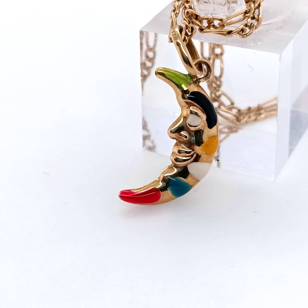 Crescent Moon Gold Necklace, 9k Gold & Color Glaze