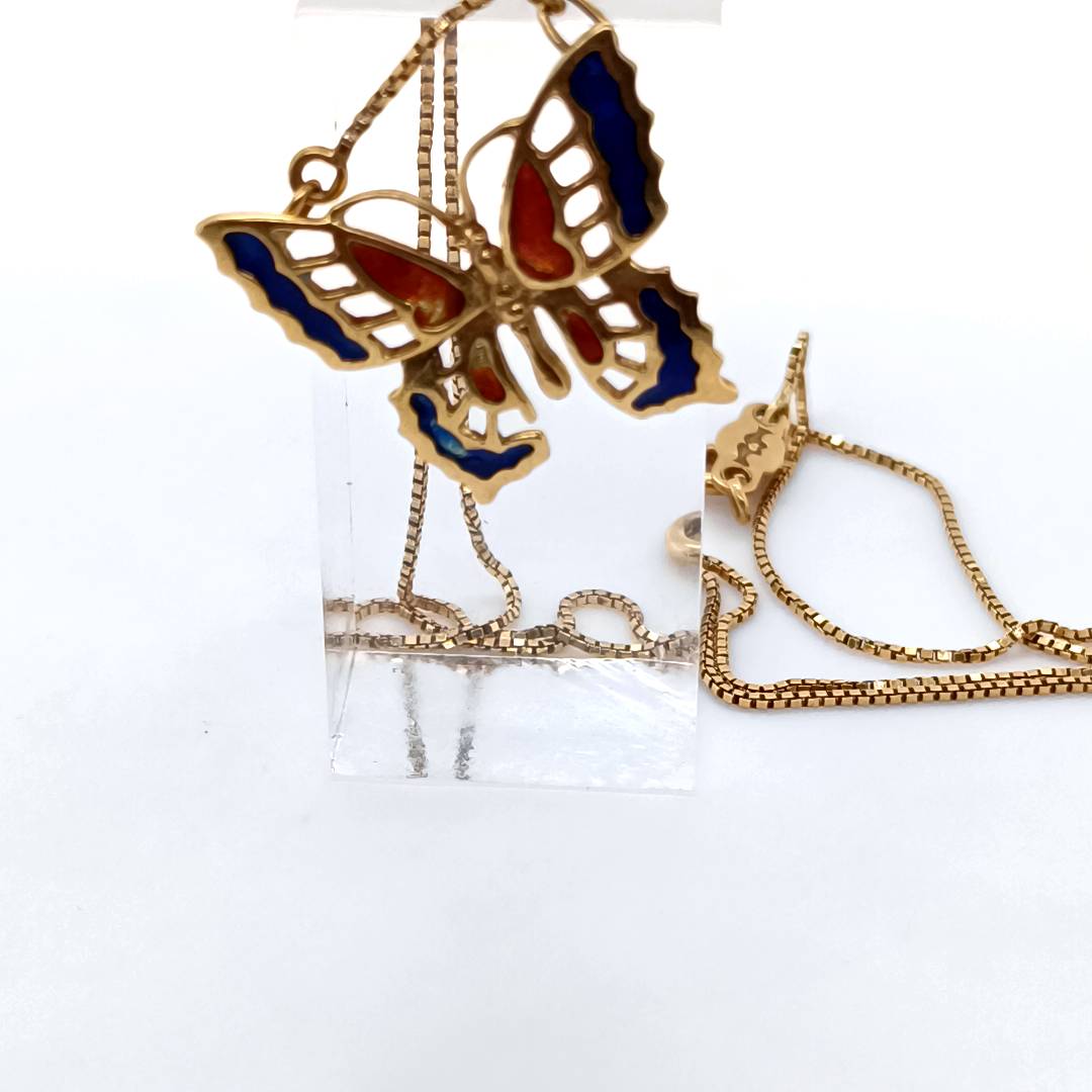 Butterfly Necklace 18 k Gold , Red & Blue Glaze