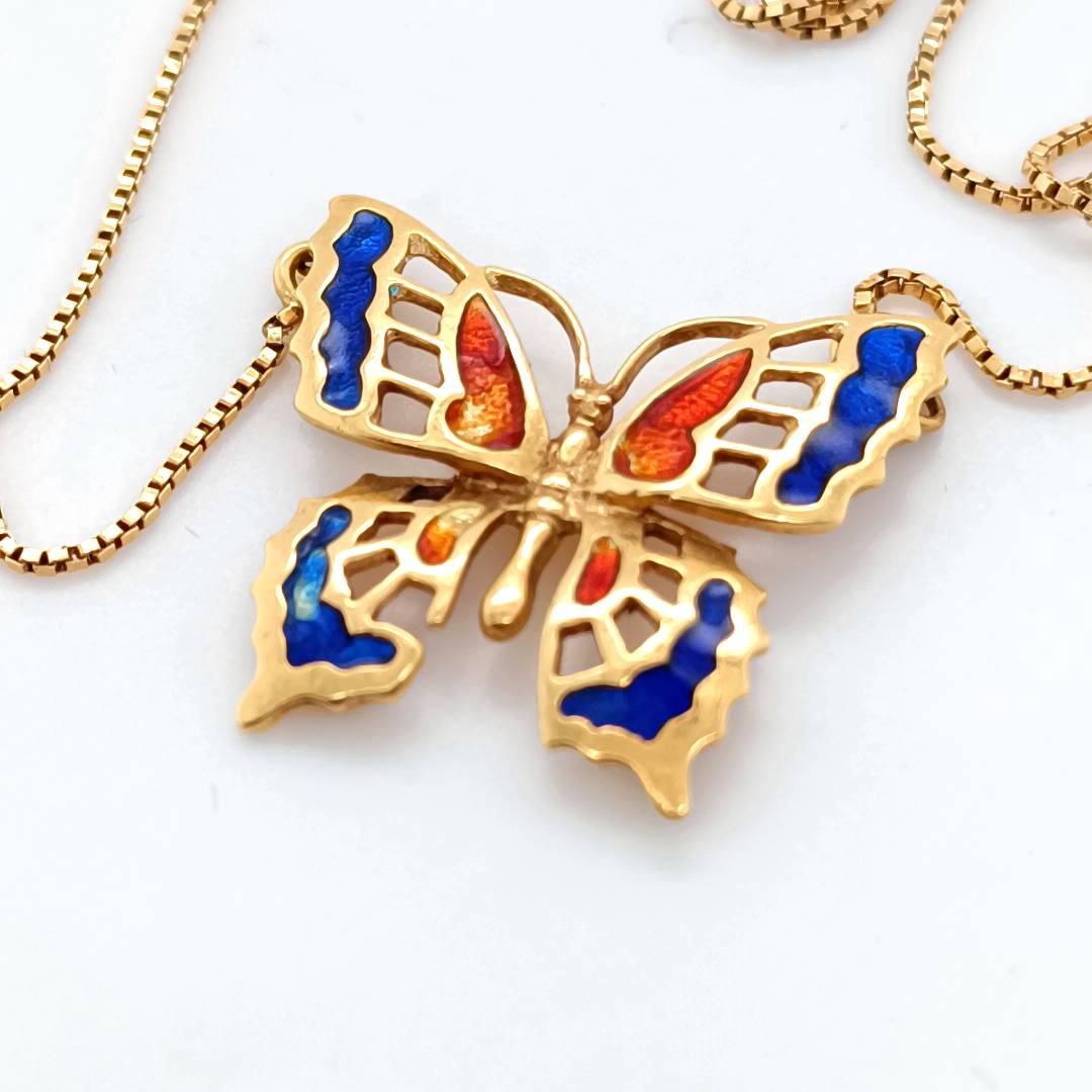 Butterfly Necklace 18 k Gold , Red & Blue Glaze