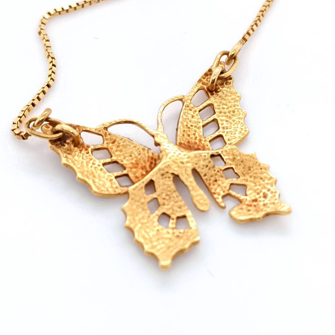 Butterfly Necklace 18 k Gold , Red & Blue Glaze