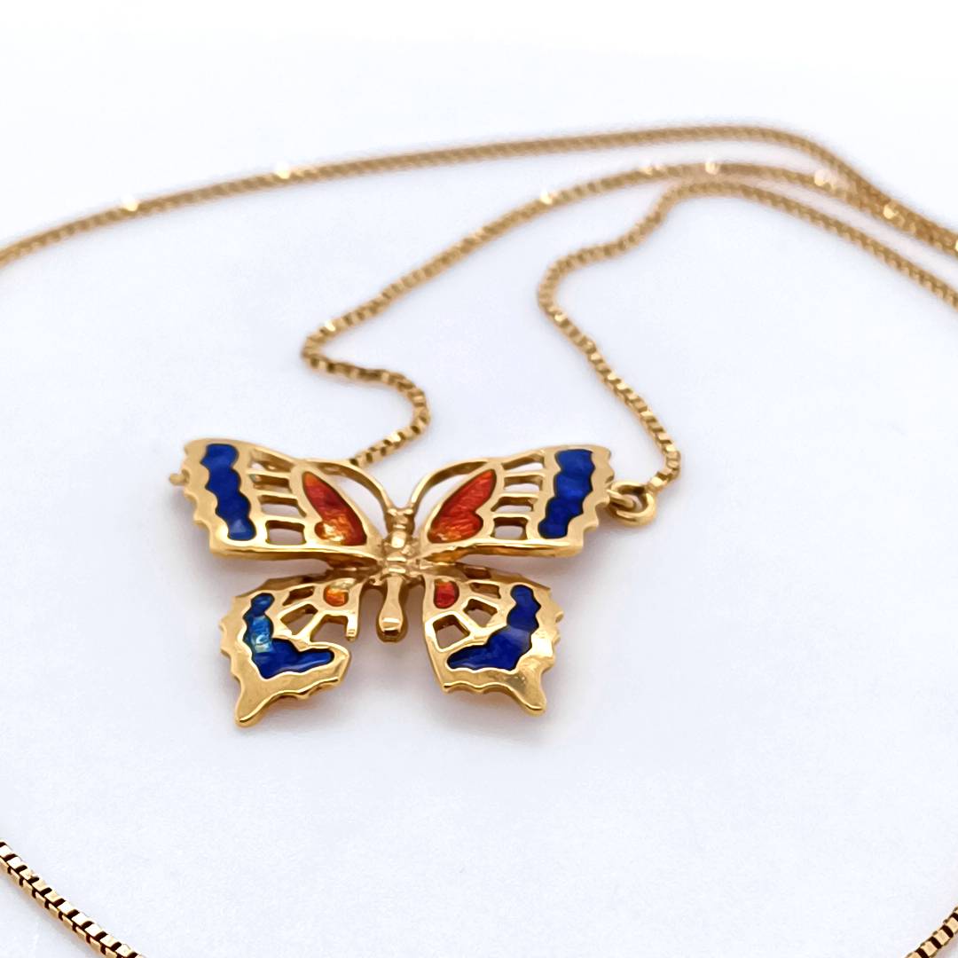 Butterfly Necklace 18 k Gold , Red & Blue Glaze
