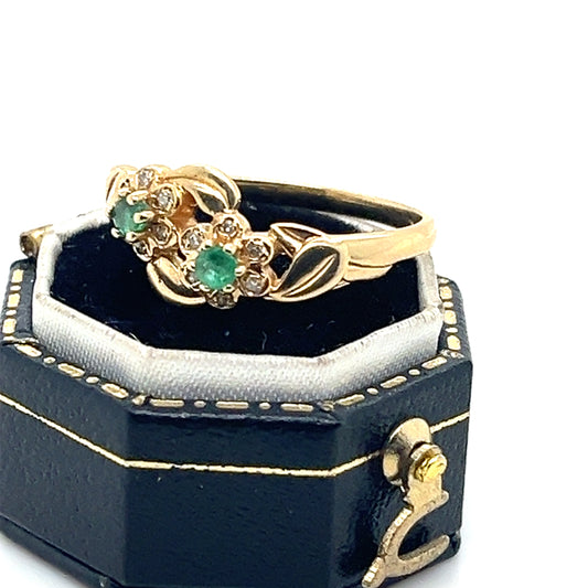 Emerald and Diamonds , pair of Flowers Gold Ring