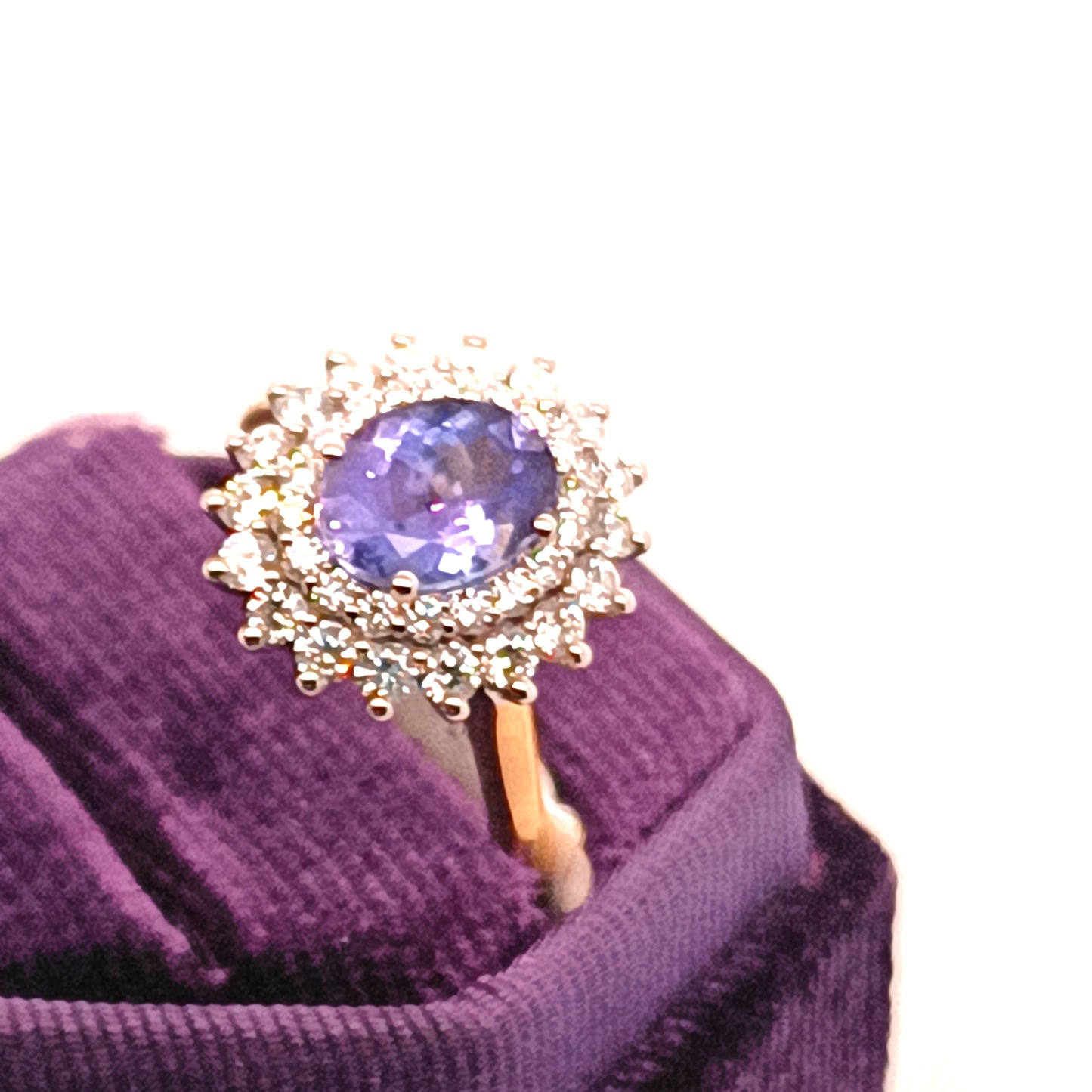 Tanzanite & Double Diamond Halo Ring, 18k Yellow Gold