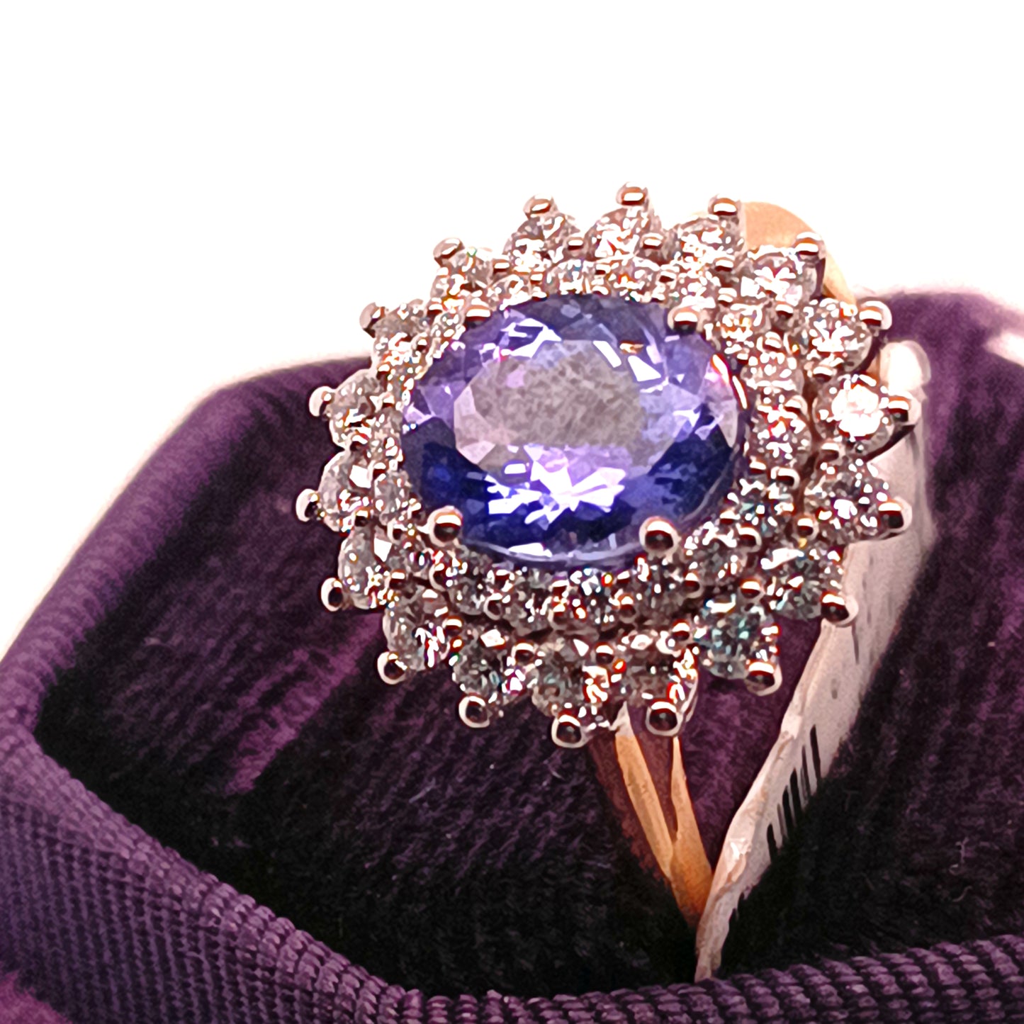 Tanzanite & Double Diamond Halo Ring, 18k Yellow Gold