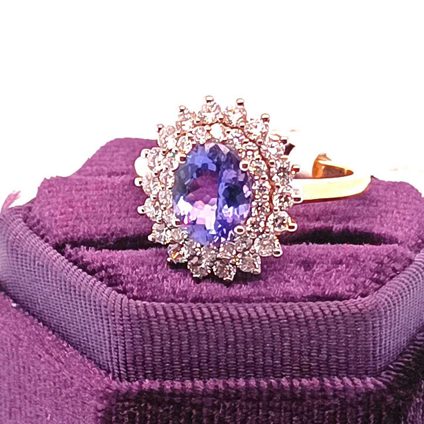 Tanzanite & Double Diamond Halo Ring, 18k Yellow Gold