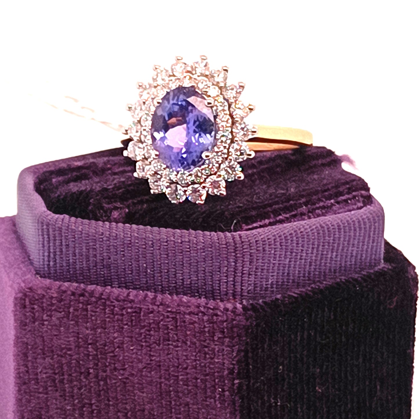 Tanzanite & Double Diamond Halo Ring, 18k Yellow Gold