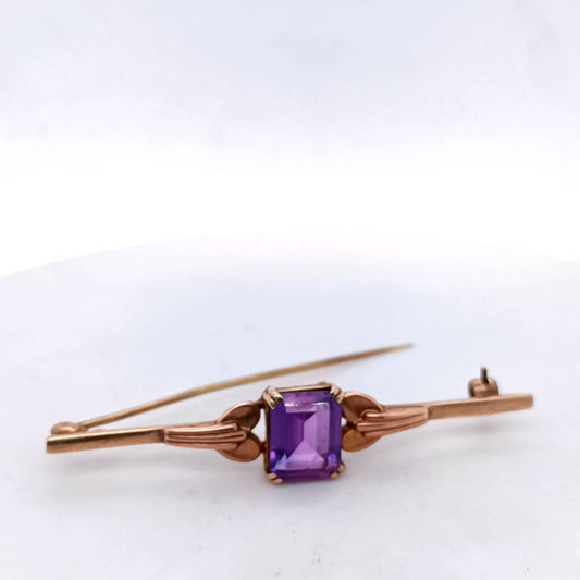 Vintage 9k Rose Gold Brooch with Purple Stone
