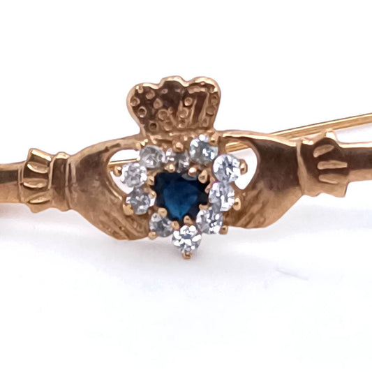 Vintage Claddagh Brooch with Blue Stone, 9k Gold