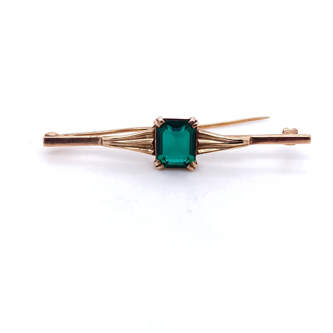 Vintage 9k Gold Brooch with Green Stone