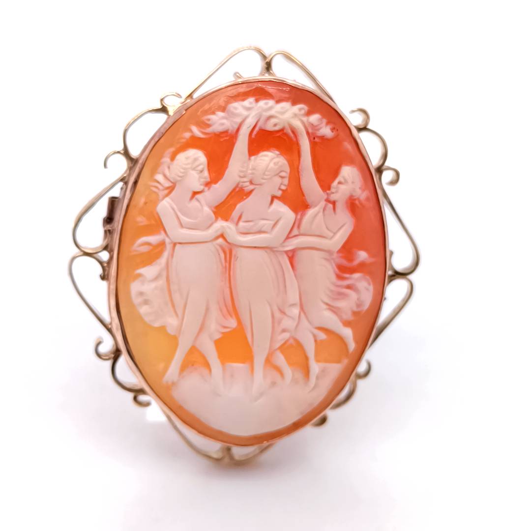 Three Graces Cameo ,Gold Vintage Brooch