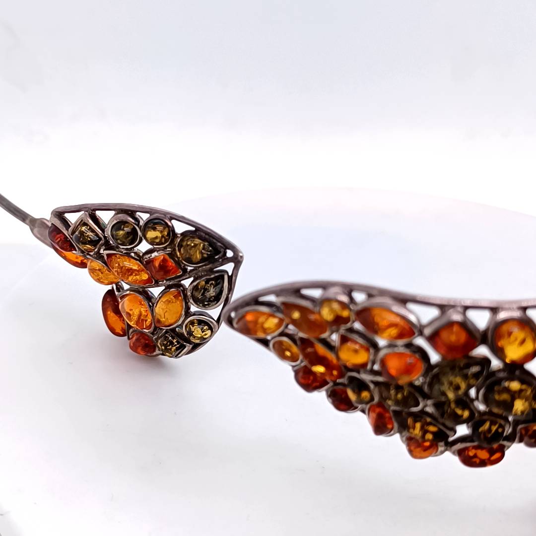 Butterfly and Leaf Silver and Amber Necklace