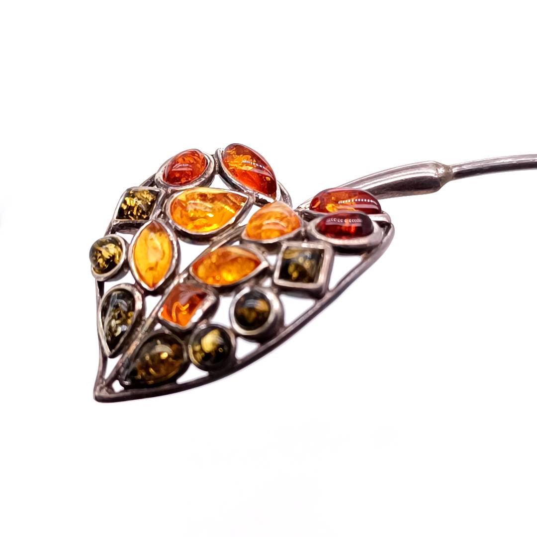 Butterfly and Leaf Silver and Amber Necklace