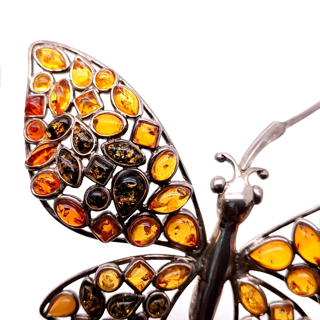 Butterfly and Leaf Silver and Amber Necklace