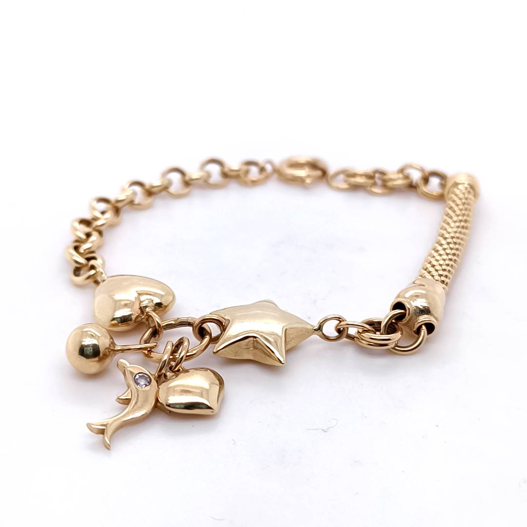 Gold Charm Bracelet with Hearts, Star & Dolphin, 14k