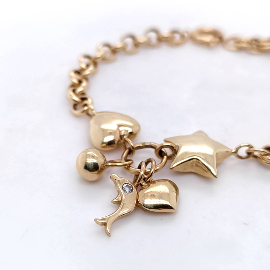 Gold Charm Bracelet with Hearts, Star & Dolphin, 14k