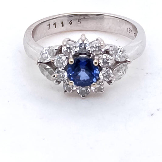 Flower of Blue Sapphire and Diamond Ring, White Gold