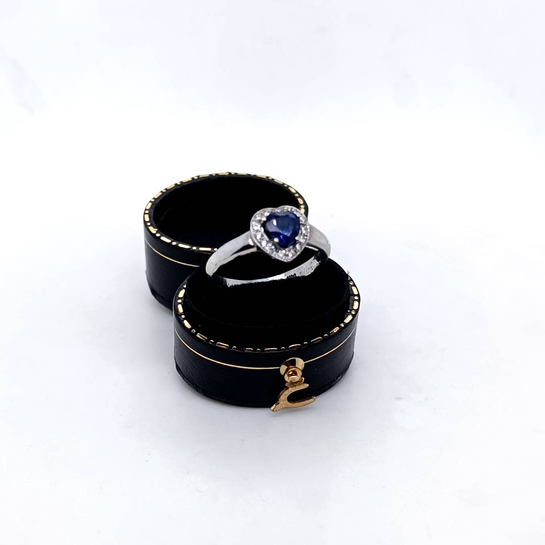 Blue Sapphire Heart & Diamonds Ring, White Gold