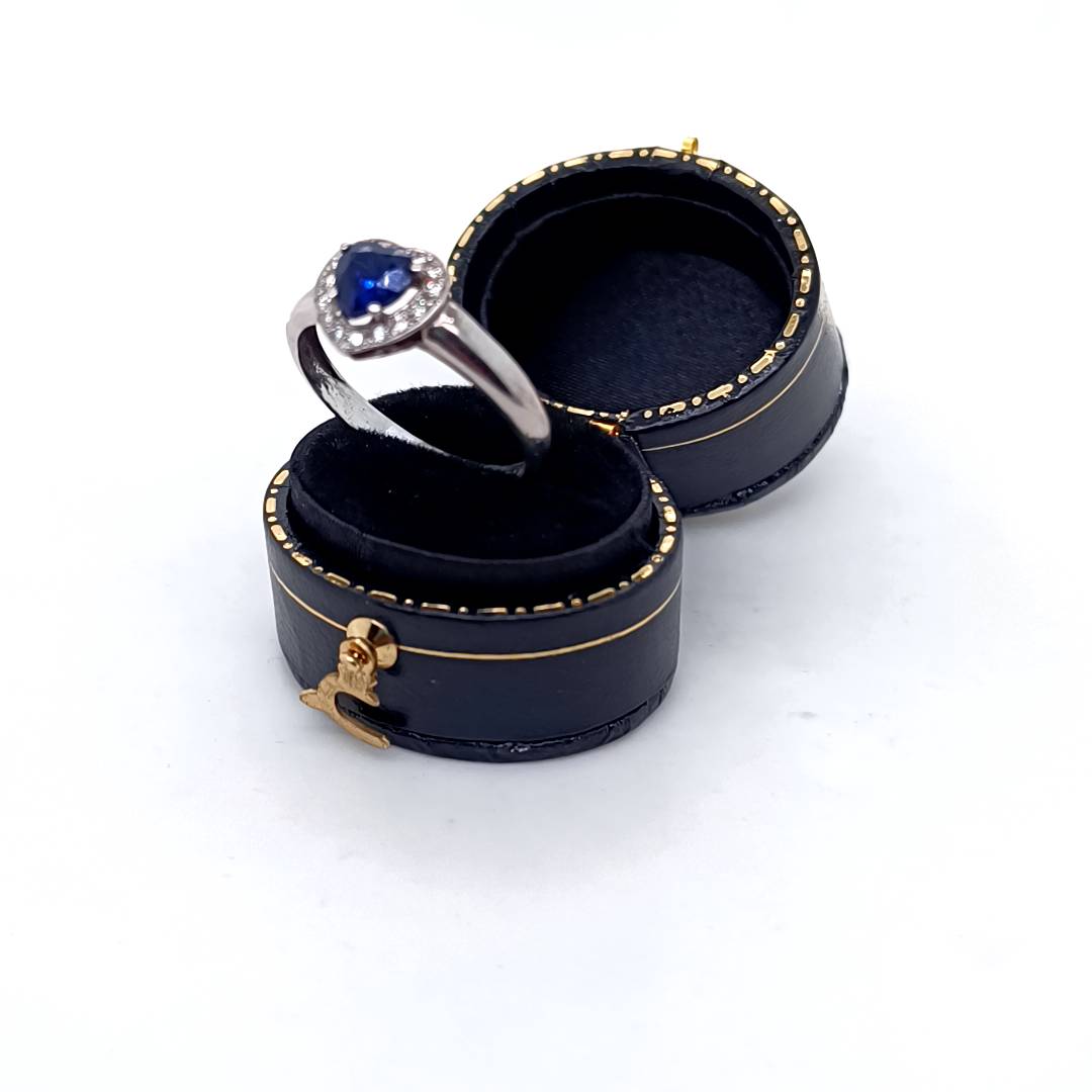 Blue Sapphire Heart & Diamonds Ring, White Gold