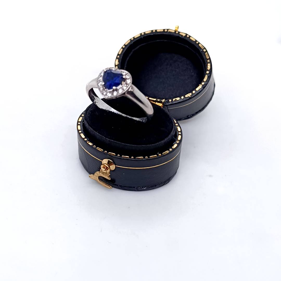 Blue Sapphire Heart & Diamonds Ring, White Gold