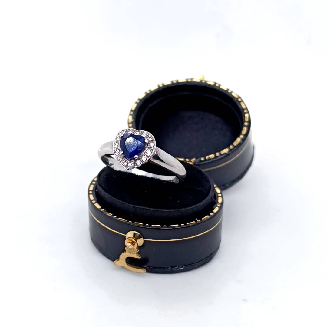 Blue Sapphire Heart & Diamonds Ring, White Gold