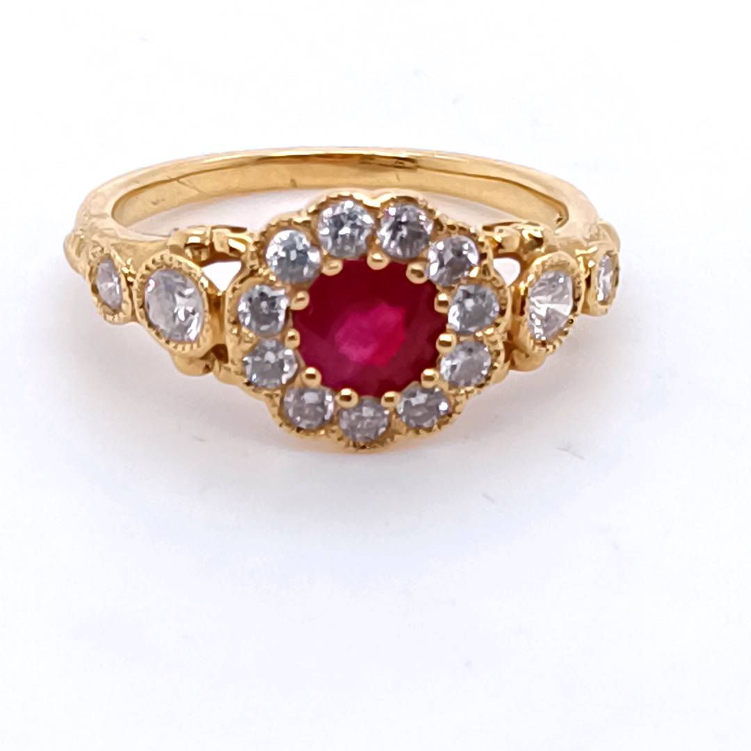 Daisy Ruby and Diamonds Ring  , 18 k Gold