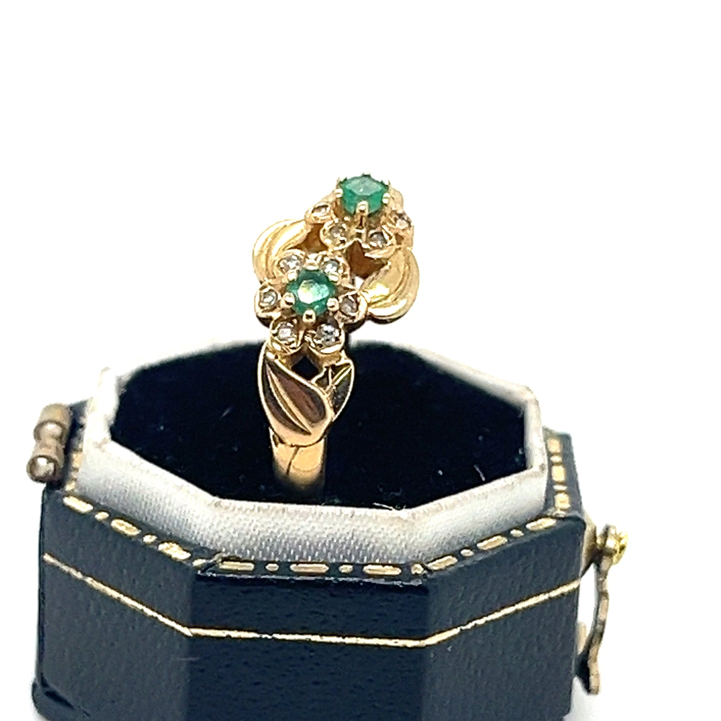 Emerald and Diamonds , pair of Flowers Gold Ring