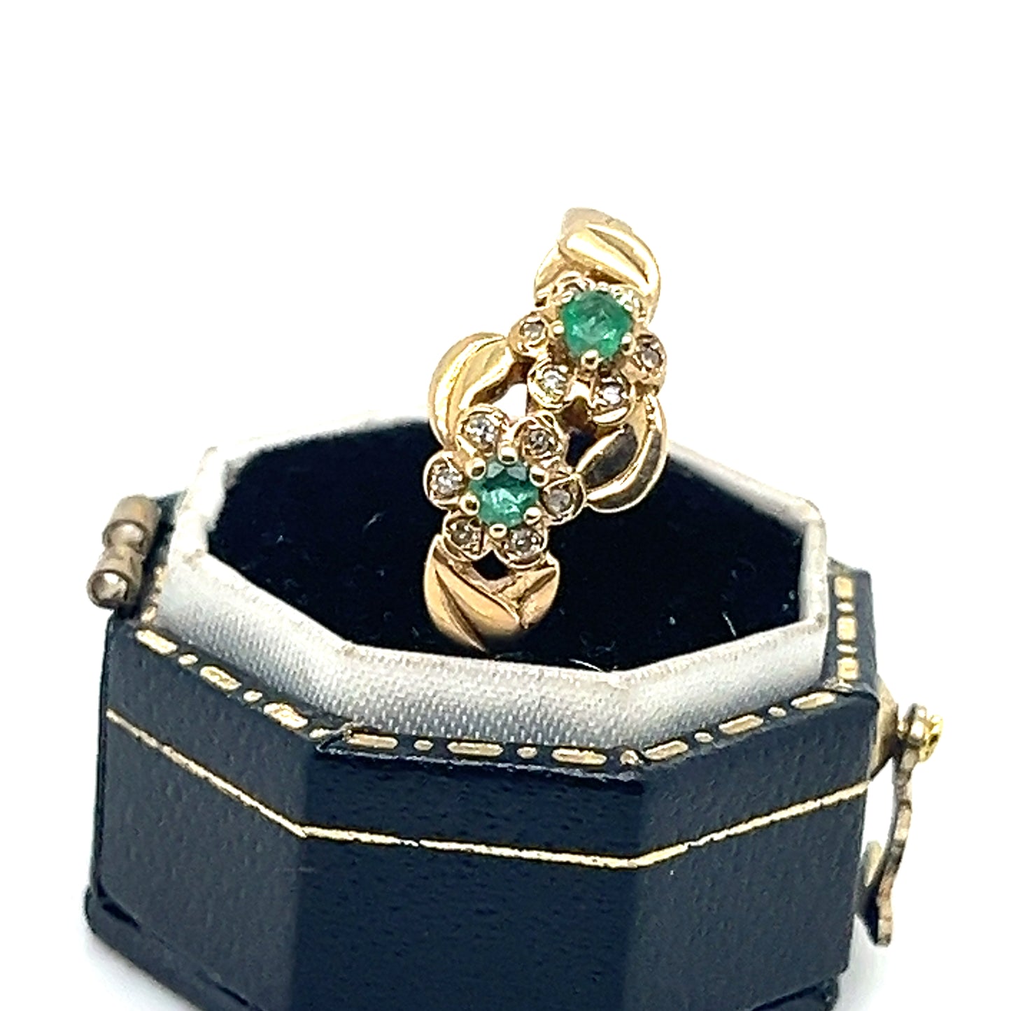 Emerald and Diamonds , pair of Flowers Gold Ring