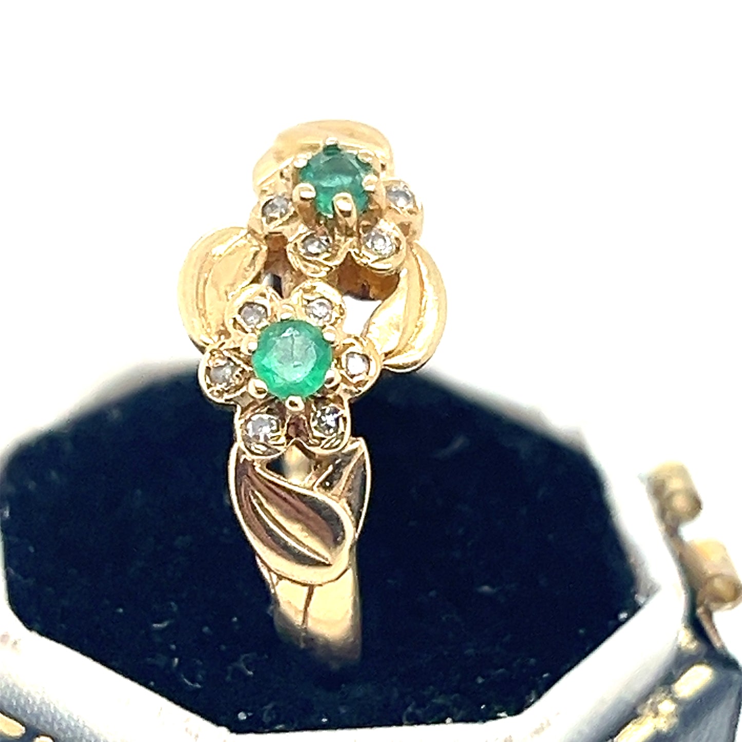 Emerald and Diamonds , pair of Flowers Gold Ring